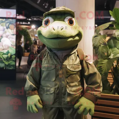 Produktbild von Maskottchen REDBROKOLY kostüm Waldgrüner Frosch gekleidet in eine Bomberjacke und Kummerbunde