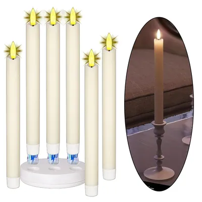 Produktbild von 6 Stück Wiederaufladbare LED Stabkerzen mit Fernbedienung Timer und Ladestation, mit flackernder 3D-Flamme für Zimmer Deko, Hochzeit und Party