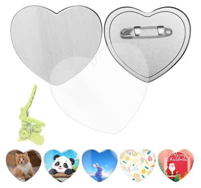 Produktbild von 100 Sets Herzförmige Metallknöpfe, Komplettes Badge-Bastelset für Button-Maschine, 57mmx53mm, Blanko-Papier, Klare Folien