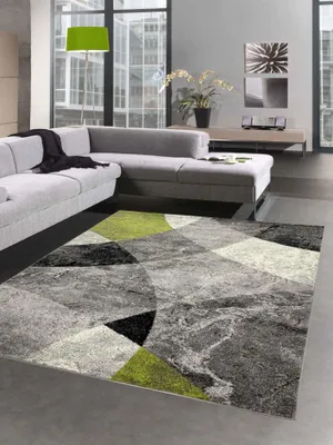 Produktbild von Abstrakter Wohnzimmer Teppich mit modernem marmorierten Wellen Rauten Design in grün grau - pflegeleicht Größe - 240 x 340 cm