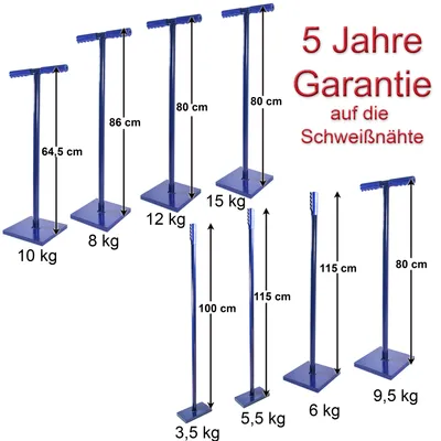 A collage of various sizes of blue metal t-handle tampers with their dimensions and weights labeled.
