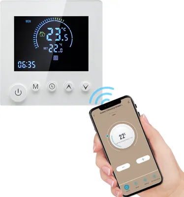 A smart thermostat and a smartphone displaying a smart home app are shown together, suggesting remote control capabilities.