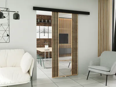 A modern living room with a sliding door system.