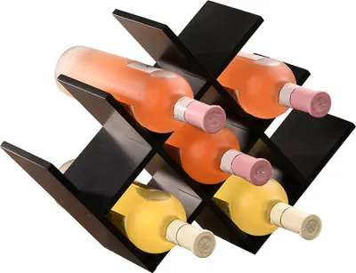 A black wine rack holding six bottles of wine.