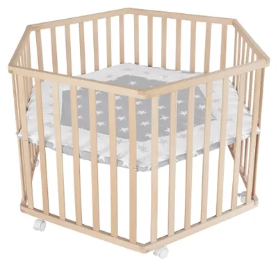 Produktbild von roba Laufgitter hexagonal mit Einlage im Design 'Little Stars' - Echtholz Buche - Laufstall 3‑fach höhenverstellbar - Mobil & sicher dank Bremsrollen