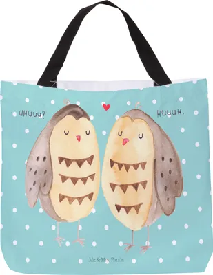 Produktbild von Mr. & Mrs. Panda Tote Bag Eulen Liebe - Türkis Pastell - Geschenk, Eule, Strandtasche, Freund, Freundin, Stoffbeutel, Laptoptasche, Schultasche, Tasche