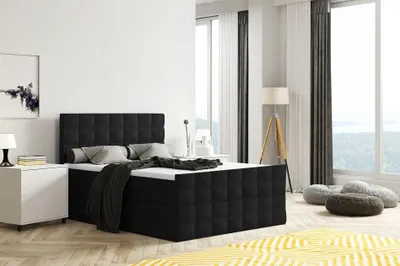 Produktbild von Bett, Boxspringbett MERA mit Fußteil, Bettkästen, OHNE Topper, Doppelbett, Stauraum, Federkern, 180x200 cm (Schwarz - Madryt 1100)