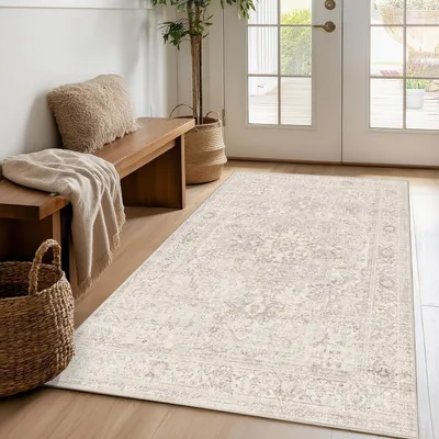 Image de Tapis vintage, lavable, 120x170 cm, beige, rectangulaire