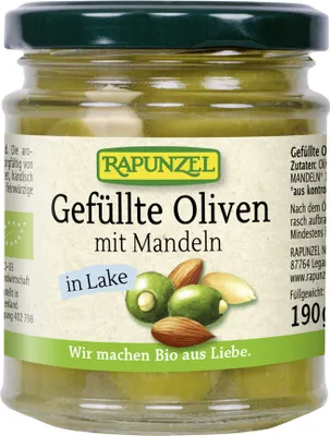 Produktbild von Rapunzel Oliven grün, gefüllt mit Mandeln in Lake 190g
