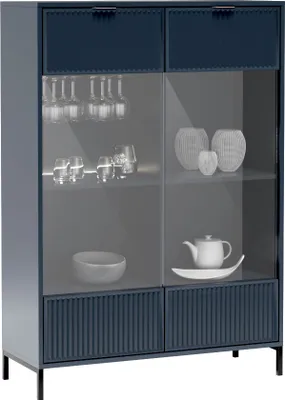 Produktbild von Möbelvitrine LINKA STYLE LS-8 Standvitrine Vitrinenschrank Metallfüße Gefräste Fronten Indygo - Dunkelblau