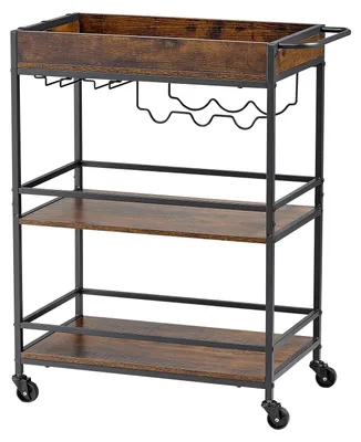 Produktbild von SucceBuy Barwagen mit 3 Ebenen, Servierwagen mit Weinregal und Glashalter, Rollwagen im industriellen Stil, Küchenwagen für Hausbar, Belastbarkeit 20 kg pro Ebene, 680 x 360 x 830 mm, Rustikales Braun und Schwarz