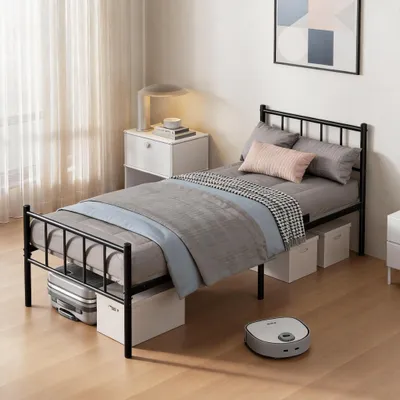 Produktbild von Bett 90 x 200 cm, Bettgestell Metall mit Kopfteil, Bettrahmen 36 cm Höhe mit 32 cm Stauraum, 14 Metalllatten, Geräuschlos, Schwarz