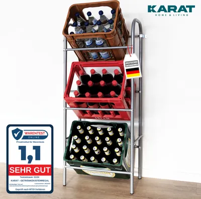 A metal rack holding three crates of beverages, with a quality seal on the left.