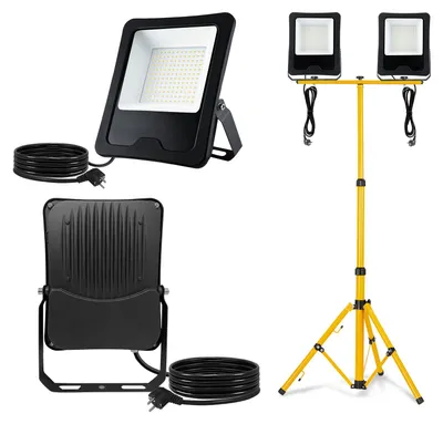 Imagen del producto de LILIIN, 2 focos LED de 100W cada uno, luz blanca cálida, con trípode y cable de 3 metros. Focos tipo proyector para garaje, obra y campos deportivos
