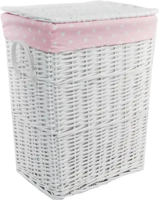 Image de Panier à linge en osier rectangulaire 96L blanc rose couvercle housse poignée 48x36 H.62