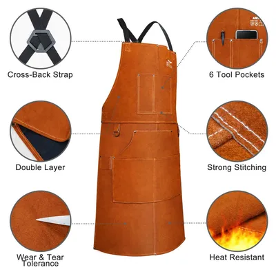 Produktbild von Schweißerschürze aus Leder - Schutzschürze XXXL - Hitzebeständig - Waschbar - Rindsleder - Ärmellos - Braun