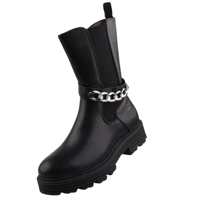 A single black Chelsea boot with a silver chain detail, shown from a slightly angled front view on a white background.