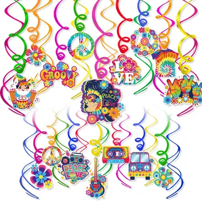 Zdjęcie produktu dla Retro Hippie Spirale Dekoracje 30 sztuk, Znaki pokoju, Motywy kwiatowe, na imprezy tematyczne lat 60-tych