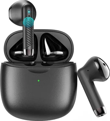 A pair of black wireless earbuds with their charging case, with one earbud placed outside the case.