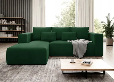 Produktbild von Easy4You Ecksofa Flaschengrün Stripes L Kord L-Form – 255x73x161 cm - Schlafsofa mit Bettkasten und Schlaffunktion - Eckcouch mit Stauraum – Soff Kord POSO 14