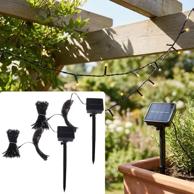 Produktbild von 2er-Set Solar Lichterkette mit je 100 warmweißen LEDs für den Außenbereich: je 12,5m Gesamtlänge, automatischer Dämmerungssensor, ideal für Garten