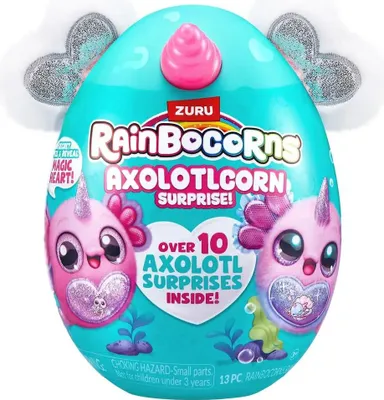 A teal-colored egg-shaped toy packaging with pink accents and illustrations of axolotl-like creatures.
