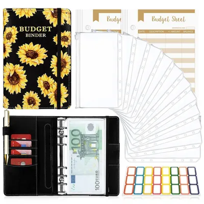 Immagine prodotto di Raccoglitore per il budget, formato A6, motivo girasole nero, con buste per il denaro e accessori
