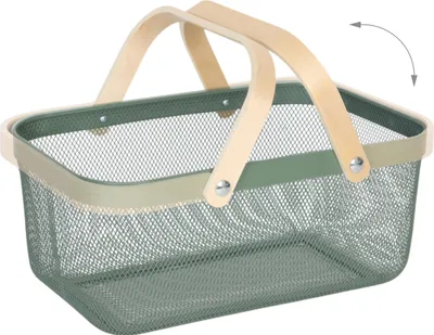 Zdjęcie produktu dla Relaxdays Kosz druciany z uchwytem, prostokątny, kosz do przechowywania z metalu i drewna, kosz na przybory kuchenne, do łazienki, salonu, w kolorze miętowym