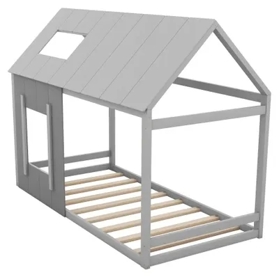 Produktbild von Kinderbett - Hausförmiges Einzelbett - 90 x 200 cm - Mit Dach und Fenster - Kiefernholz - Grau