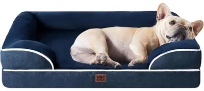 Image de Lit orthopédique pour chien, 76x51 cm, en mousse à mémoire de forme, panier pour chien avec bordure haute, lavable, imperméable, antidérapant, bleu marine
