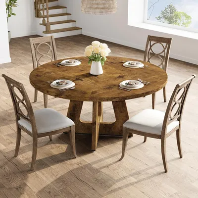 Produktbild von Runder Esstisch 120 cm - Esstisch/Küchentisch - Holz, Säulengestell - Für 4–6 Personen - Rustikal, moderner Landhausstil - Braun