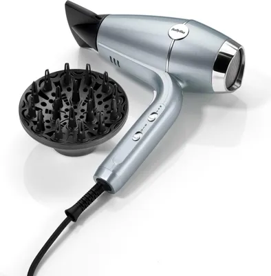 A silver hairdryer and its diffuser attachment are displayed on a white background.