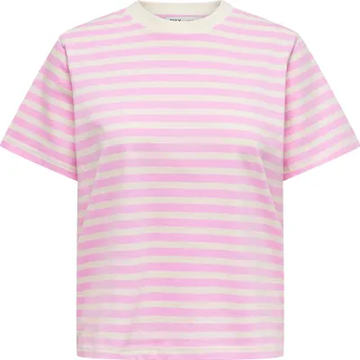 Produktbild von ONLY Damen T-Shirt - ONLLIVINA LIFE STRIPE TEE, Kurzarm, Rundhals, Streifen Weiß/Rosa XS