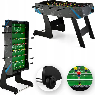 A collage of images showing a foldable foosball table in different orientations and close-ups of its features.
