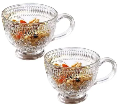 Immagine prodotto di Set di 2 tazze da caffè in vetro di cristallo, capacità 350 ml, con manico, design vintage con motivo di girasoli