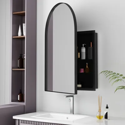 Produktbild von Schicker Bogen-Spiegel-Schrank, Einbauschrank, Metallrahmen, Spiegel, Verstellbare Ablagen, für Bad, Schlafzimmer, Wohnzimmer,91x61x12cm, Schwarz