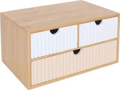 Obrázek produktu pro Relaxdays zásuvková skříňka, bambus a MDF, 3 rýhované zásuvky, rozměry: 15 x 30 x 20 cm, organizér na stůl, bílá/růžová