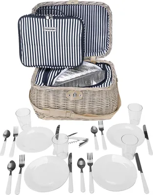 Produktbild von Picknickkorb aus Weide geflochtenIsolierfach 21 teilig Picknick für 4  - blau-weis-gestreift