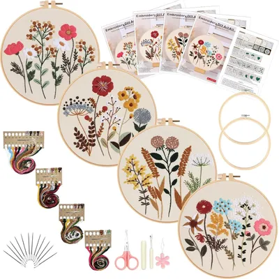 Produktbild von 4 Stck. Stickset fš¹r Anf?nger, Blumenmuster Pflanzen Stickset fš¹r Starter Embroidery Kit Stickerei Set, Sticken Kunsthandwerk, Kreuzstich Set mit Stickrahmen Farbf?den und Werkzeuge
