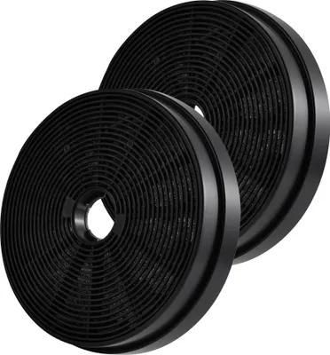 Two round charcoal filters for a range hood.