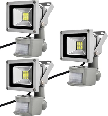 Immagine prodotto di 3 faretti LED SMD da 20 W con sensore di movimento PIR, luce bianca fredda, IP65, impermeabili, per uso interno o esterno