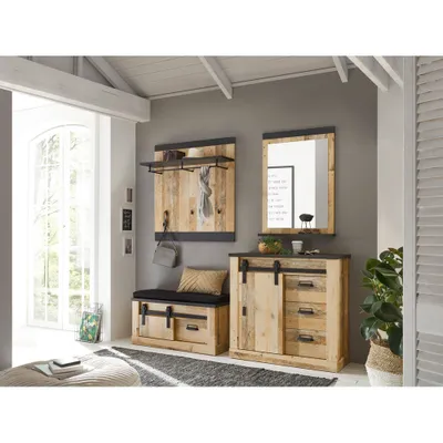 Produktbild von Garderobenschrank Set inkl. Spiegel SHELTON-61 in Old Style hell mit anthrazit, B/H/T: ca. 206/200/43 cm