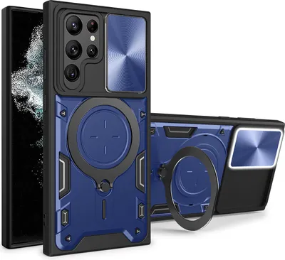 Produktbild von Handyhülle für Samsung Galaxy S22 Ultra 5G Dual-Layer Stoßfest Rüstung Hülle mit Dia Kameraschutz und Kreisförmig Ring Ständer Blau