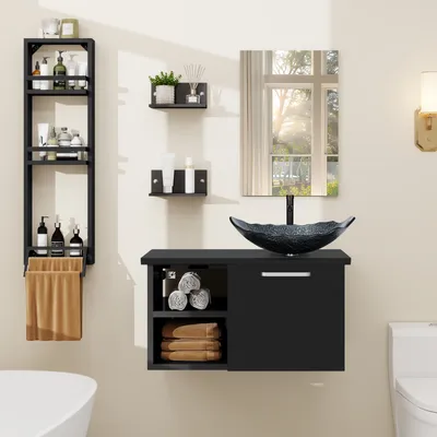 Image de Puluomis Ensemble de meubles de salle de bains avec porte-serviettes, lavabo noir-argenté Meuble sous-lavabo avec miroir salle de bains cuisine