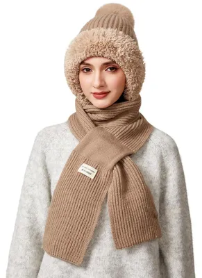 Immagine prodotto di Berretto termico invernale da donna, 3 in 1, in maglia, con scaldacollo integrato e fodera in pile, color kaki
