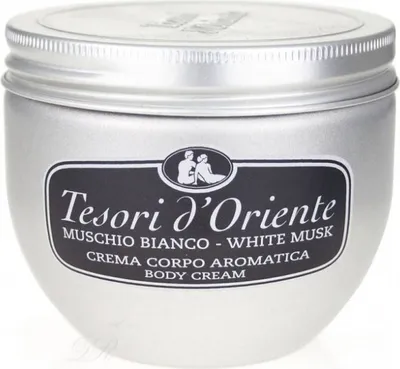 A silver jar of Tesori d'Oriente White Musk body cream is shown against a white background.