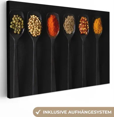 Produktbild von MuchoWow® - Leinwandbilder - Löffel - Gewürze - Schwarz - Gewürze - Rustikal, Wandbild, Wanddeko Bilder Wohnzimmer, 120x80 cm