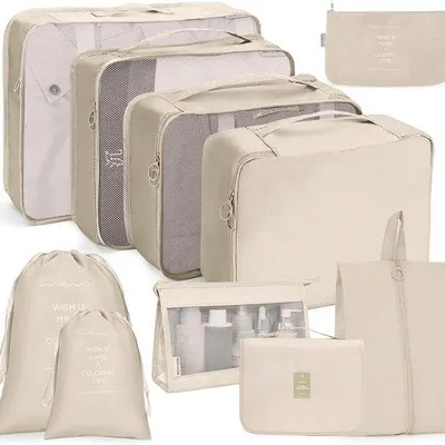 Image de Set de rangement de voyage, 10 pièces, beige, imperméable, pour vêtements, sous-vêtements, chaussures et produits de beauté
