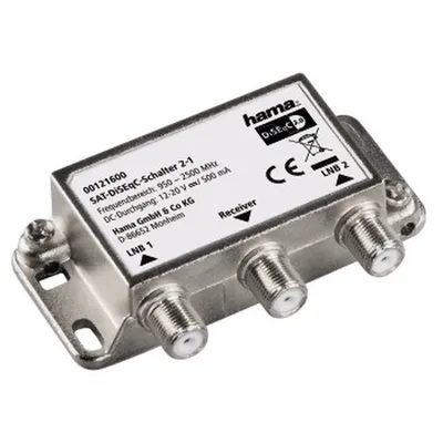 Immagine prodotto di Hama SAT DiSEqC switch 2-1 (per il collegamento di 2 LNB singoli a un ricevitore per l'utilizzo di 2 posizioni satellitari, resistente alle intemperie, alloggiamento in metallo pieno, 22 kHz pass-through per uso esterno)