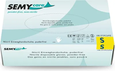 Produktbild von Nitrilhandschuhe SEMYcare blau puderfrei, latexfrei 100Stk. Gr.M Einweghandschuhe
